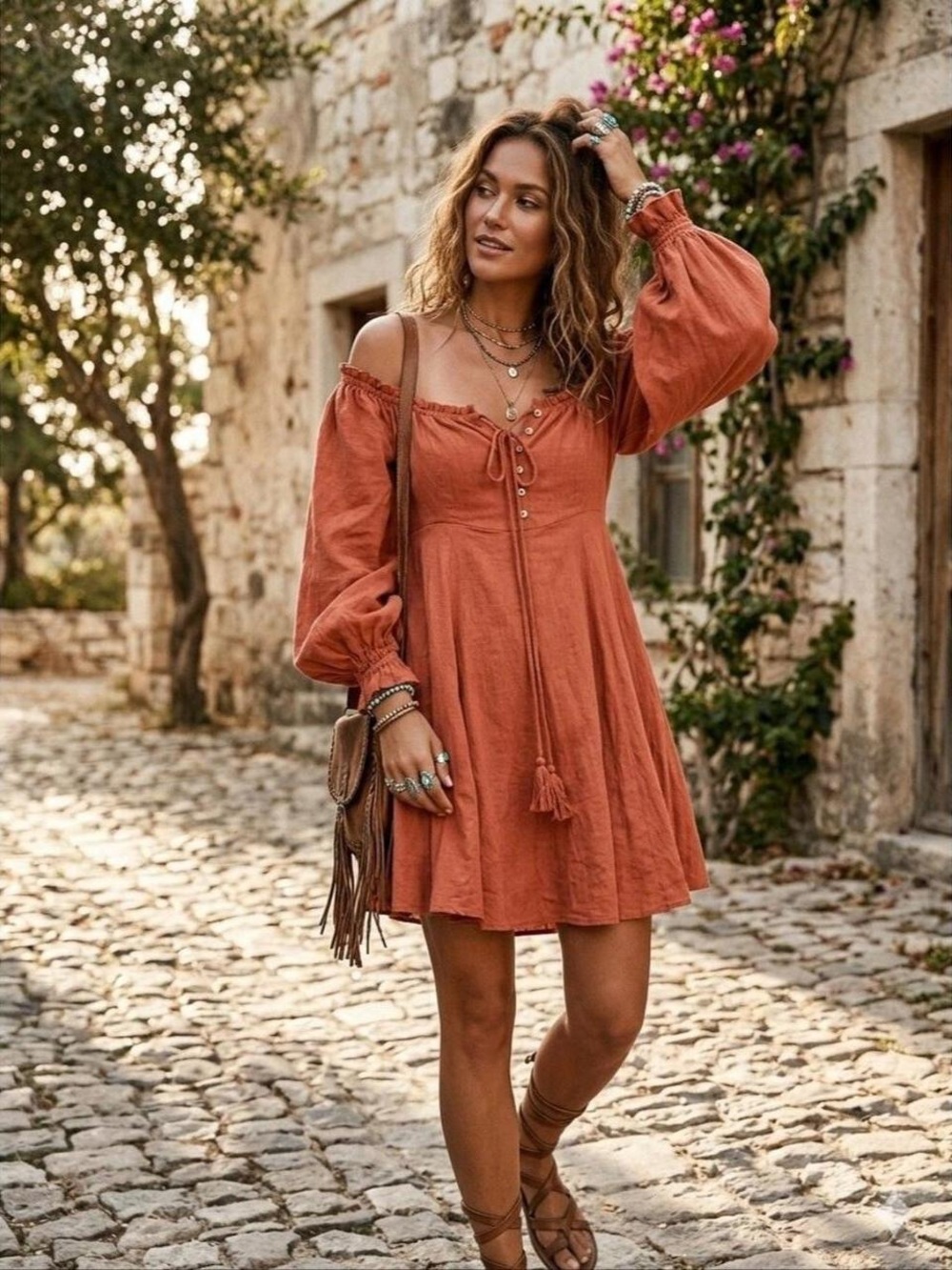 Chelsea & Violet Burnt Orange Long-Sleeve Peasant Dress